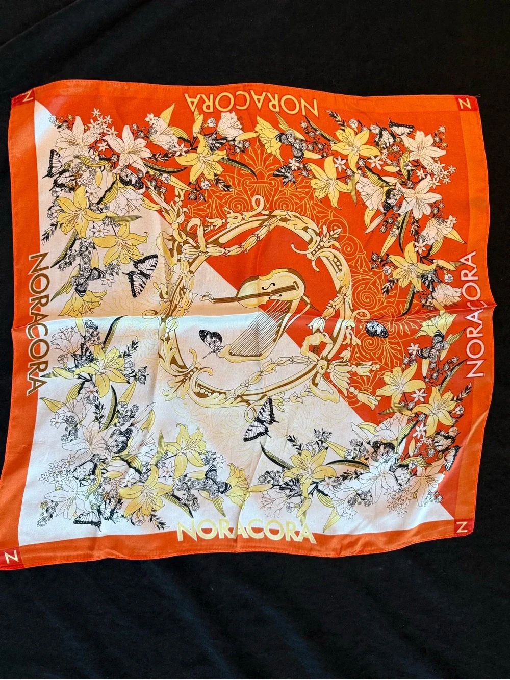 Floral Silk-Feel Square Scarf in Orange and Yellow
